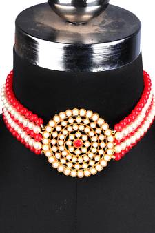 Red Choker Design Traditional Stylish Fancy Pearl Necklace Jewellery Set for Women