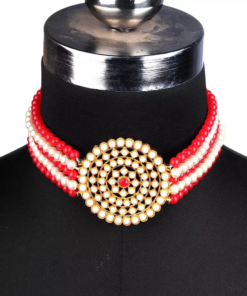Red Choker Design Traditional Stylish Fancy Pearl Necklace Jewellery Set for Women