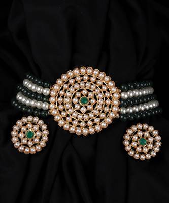 Green Choker Design Traditional Stylish Fancy Pearl Necklace Jewellery Set for Women 1