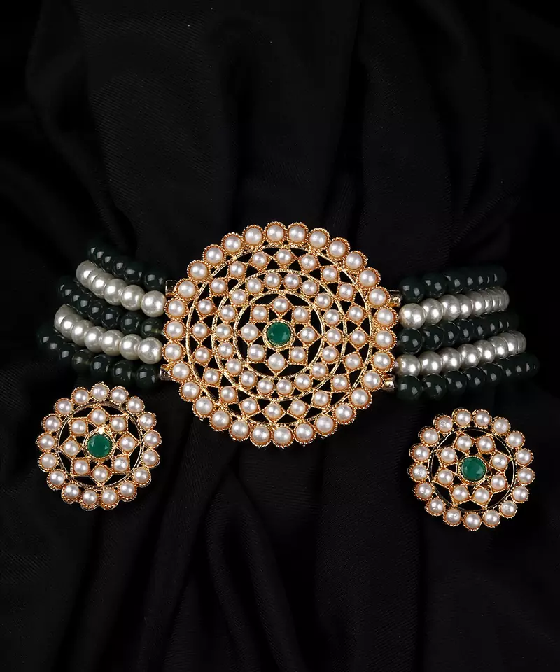 Green Choker Design Traditional Stylish Fancy Pearl Necklace Jewellery Set for Women