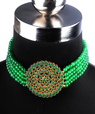 Green Choker Design Traditional Stylish Fancy Pearl Necklace Jewellery Set for Women 4