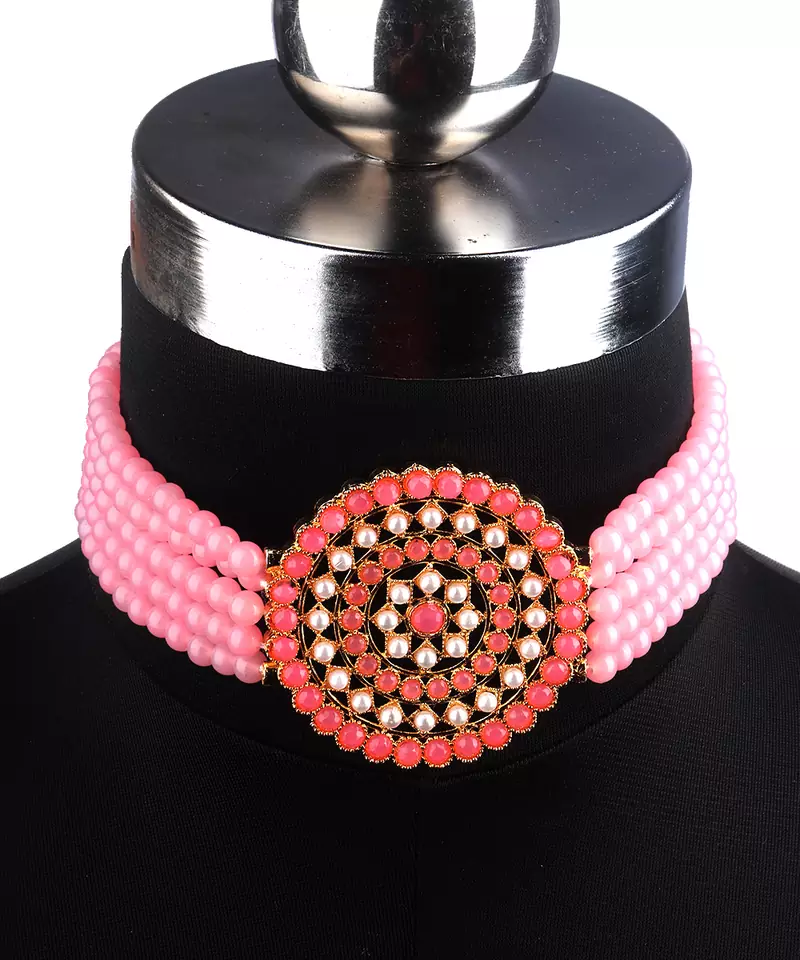 Pink Choker Design Traditional Stylish Fancy Pearl Necklace Jewellery Set for Women