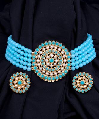 Blue Choker Design Traditional Stylish Fancy Pearl Necklace Jewellery Set for Women 1