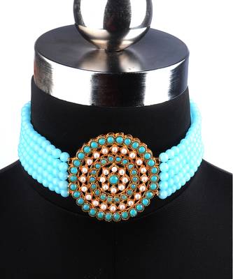Blue Choker Design Traditional Stylish Fancy Pearl Necklace Jewellery Set for Women 3