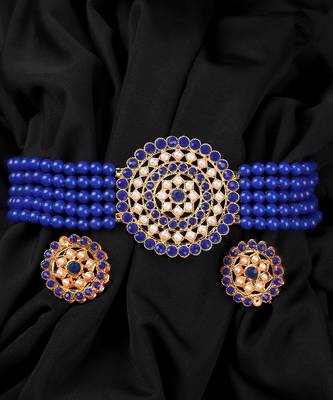 Blue Plated Pearl Diamond Kundan Choker Necklace with Round Earrings Traditional Jewellery Set 1