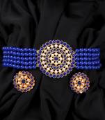 Blue Plated Pearl Diamond Kundan Choker Necklace with Round Earrings Traditional Jewellery Set