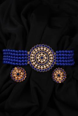 Blue Plated Pearl Diamond Kundan Choker Necklace with Round Earrings Traditional Jewellery Set 2
