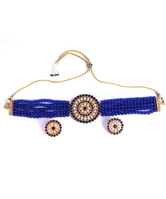Blue Plated Pearl Diamond Kundan Choker Necklace with Round Earrings Traditional Jewellery Set 3