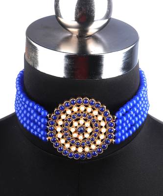 Blue Plated Pearl Diamond Kundan Choker Necklace with Round Earrings Traditional Jewellery Set 5