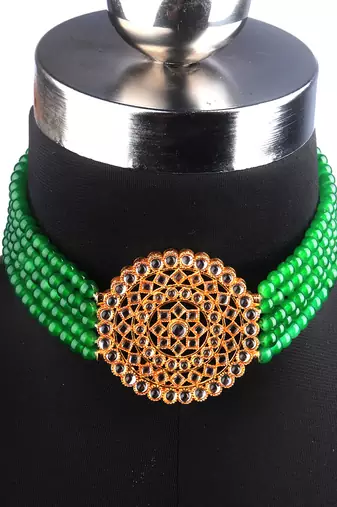 Green Plated Pearl Diamond Kundan Choker Necklace with Round Earrings Traditional Jewellery Set