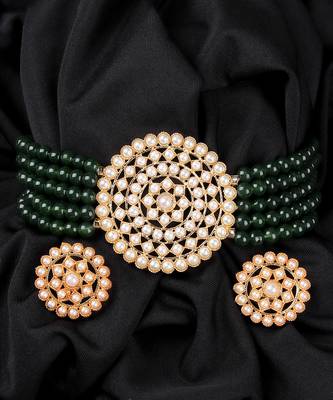 Green Plated Pearl Diamond Kundan Choker Necklace with Round Earrings Traditional Jewellery Set 1