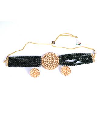 Green Plated Pearl Diamond Kundan Choker Necklace with Round Earrings Traditional Jewellery Set 2