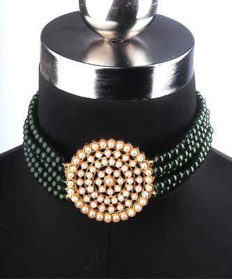Green Plated Pearl Diamond Kundan Choker Necklace with Round Earrings Traditional Jewellery Set 4