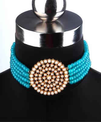 Blue Plated Pearl Diamond Kundan Choker Necklace with Round Earrings Traditional Jewellery Set 2