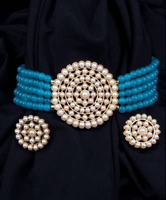 Blue Plated Pearl Diamond Kundan Choker Necklace with Round Earrings Traditional Jewellery Set 4