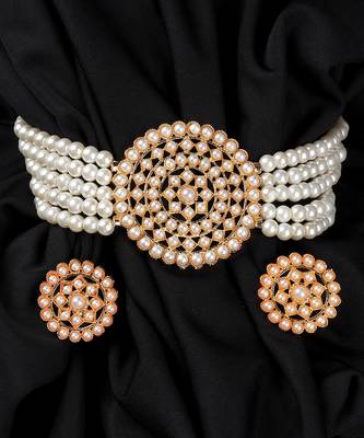 White Plated Pearl Diamond Kundan Choker Necklace with Round Earrings Traditional Jewellery Set 1