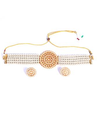 White Plated Pearl Diamond Kundan Choker Necklace with Round Earrings Traditional Jewellery Set 2