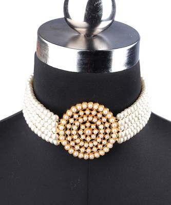 White Plated Pearl Diamond Kundan Choker Necklace with Round Earrings Traditional Jewellery Set 4