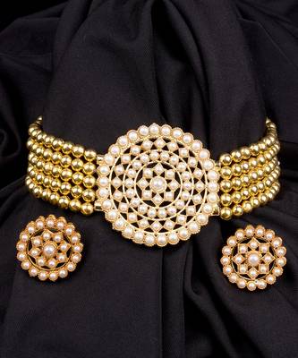 Gold Plated Pearl Diamond Kundan Choker Necklace with Round Earrings Traditional Jewellery Set 1