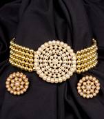 Gold Plated Pearl Diamond Kundan Choker Necklace with Round Earrings Traditional Jewellery Set