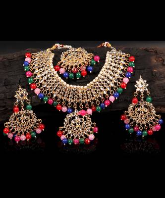 Multicolour Trendy Kundan Gold Plated Wedding Jewellery Choker Necklace Set for Women 1