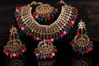 Multicolour Trendy Kundan Gold Plated Wedding Jewellery Choker Necklace Set for Women 2