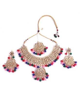 Multicolour Trendy Kundan Gold Plated Wedding Jewellery Choker Necklace Set for Women 3