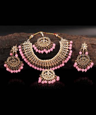 Pink Trendy Kundan Gold Plated Wedding Jewellery Choker Necklace Set for Women 1