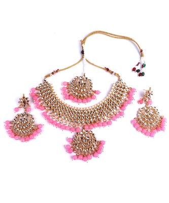 Pink Trendy Kundan Gold Plated Wedding Jewellery Choker Necklace Set for Women 2