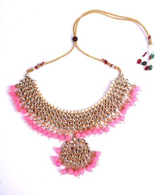 Pink Trendy Kundan Gold Plated Wedding Jewellery Choker Necklace Set for Women 3