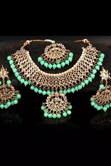 Green Gold plated Polki Studded  Necklace Set
