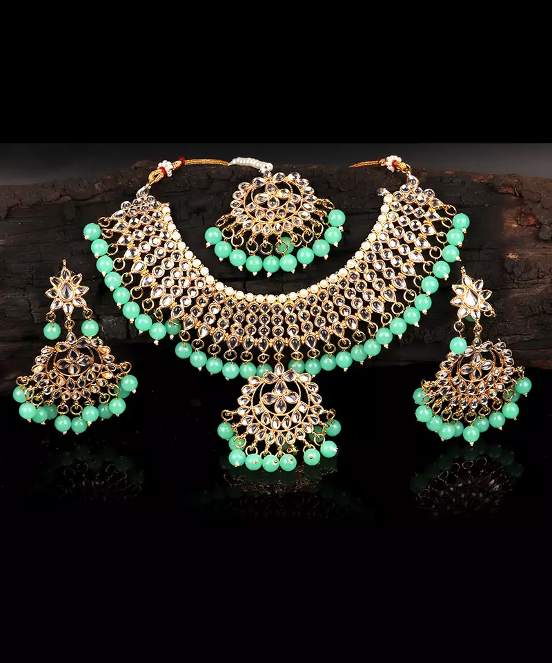 Green Gold plated Polki Studded  Necklace Set