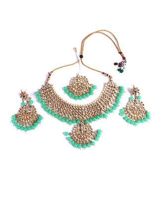 Green Gold plated Polki Studded  Necklace Set 3
