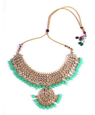 Green Gold plated Polki Studded  Necklace Set 4