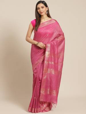 Pink Colored Dobby Handloom Saree with an unstitched Blouse Piece 1