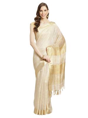 Cream Colored Linen Blend Handloom Saree with an unstitched Blouse Piece 1