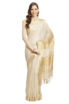 Cream Colored Linen Blend Handloom Saree with an unstitched Blouse Piece