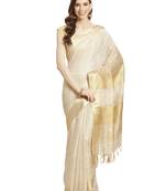 Cream Colored Linen Blend Handloom Saree with an unstitched Blouse Piece