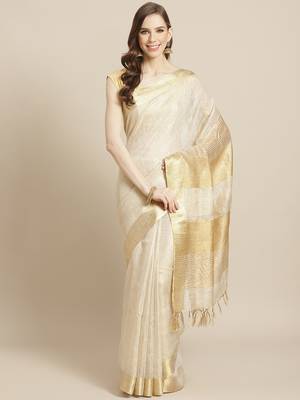 Cream Colored Linen Blend Handloom Saree with an unstitched Blouse Piece 2