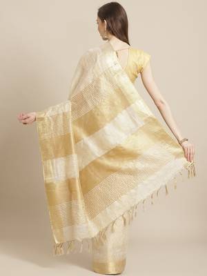 Cream Colored Linen Blend Handloom Saree with an unstitched Blouse Piece 3