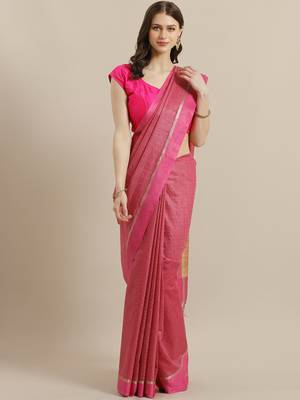 Pink Colored Dobby Handloom Saree with an unstitched Blouse Piece 1
