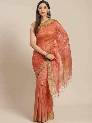 Peach Colored Dobby Handloom Saree with an unstitched Blouse Piece 1