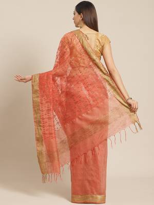 Peach Colored Dobby Handloom Saree with an unstitched Blouse Piece 2