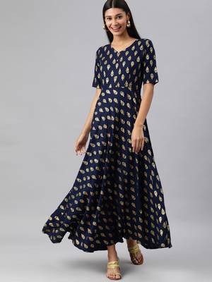 Navy-blue woven viscose rayon long-dresses 1