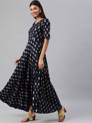 Navy-blue woven viscose rayon long-dresses 2