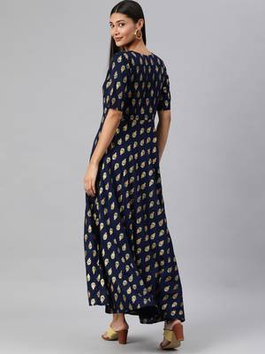 Navy-blue woven viscose rayon long-dresses 3