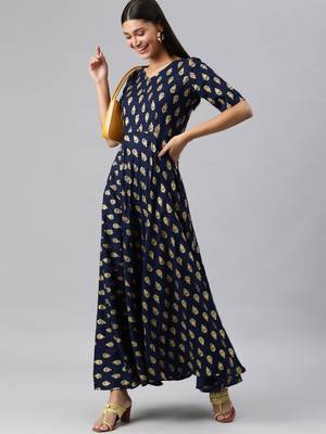 Navy-blue woven viscose rayon long-dresses 4