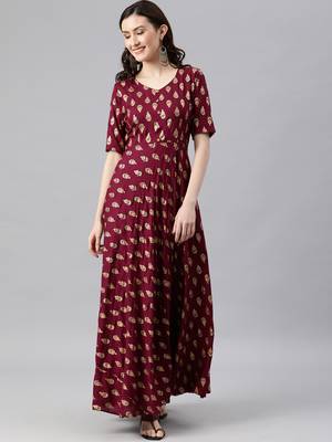 Wine woven viscose rayon long-dresses 1