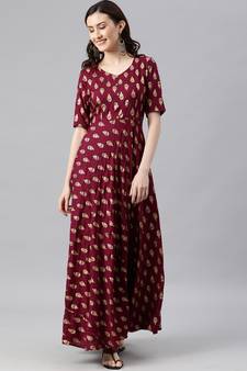 Wine woven viscose rayon long-dresses