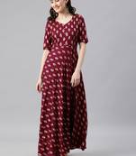 Wine woven viscose rayon long-dresses